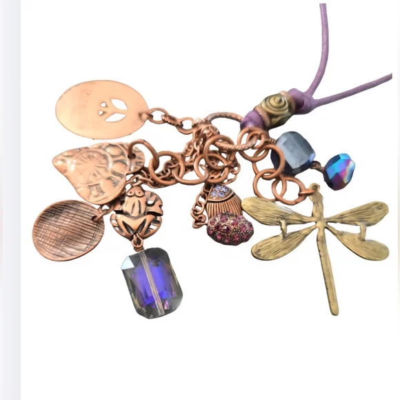 Anthropologie Mythologie Charm Necklace Dragonfly Freedom Peace Boho Purple Cord - Picture 3 of 8